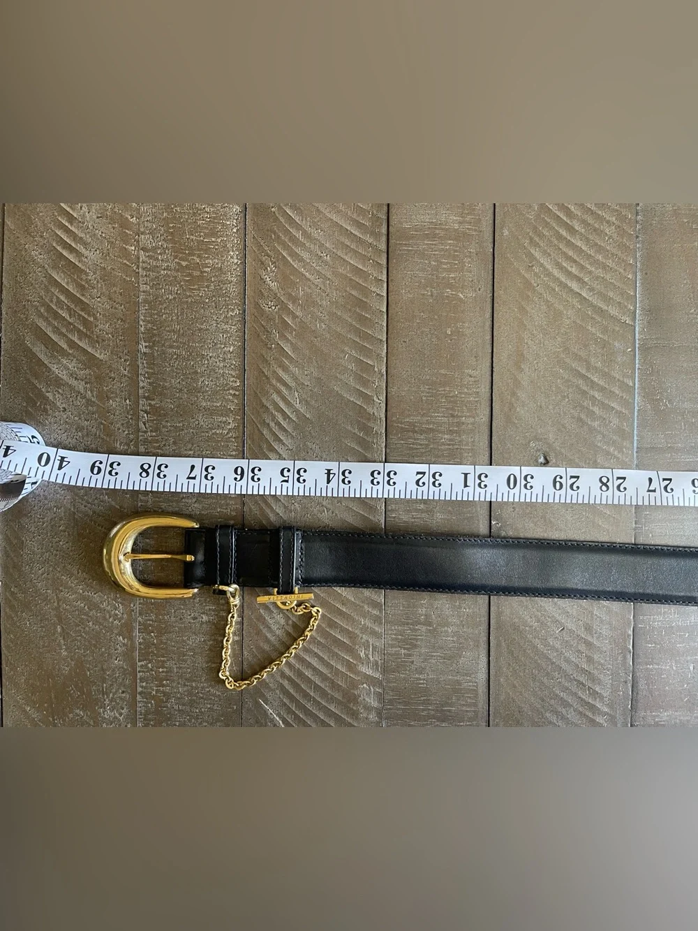 Vintage Adrienne Vittadini Black Leather Belt with Gold Buckle & Chain Accen